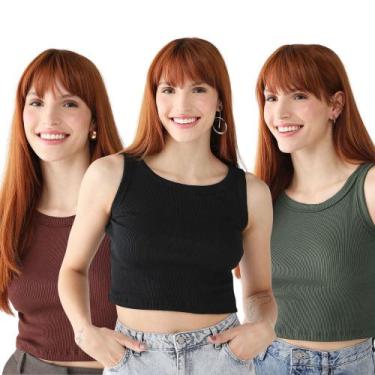 Imagem de Kit 3 Blusas Feminina Cropped Ribana Algodão Premium - 77VS LEVOSCH, P