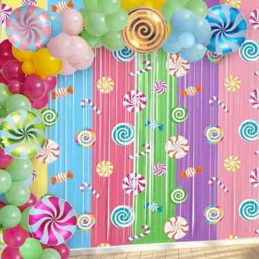 Imagem de Blosssound Candyland Decoração de festa com 2 pacotes 1 x 2 m cortina de franja de folha de doces e 97 peças kit de arco de guirlanda de balões doces com balão de pirulito para decoração de festa de