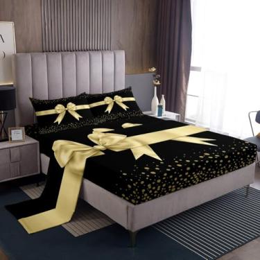 Imagem de jejeloiu Jogo de lençol King com laço, princesa, sonhadora, com laço, bolinhas, amarelo e preto, simples, geométrico, moderno, decoração de quarto