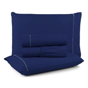 Imagem de Jogo de Lençol Queen Box com Elástico, 400 Fios Micropercal, 3 Peças com Ponto Palito, Cinza, 198x158x30cm (Azul)