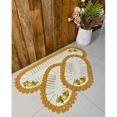 Imagem de Kit Tapete e Passadeira Cozinha Oval 3 Peças Cristal Bordado (Mostarda)
