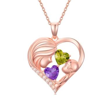 Imagem de Zoeniya Colar com pingente de coração banhado a ouro rosa para mãe e filha com 12 meses, presentes de dia das mães para mãe, pedra do mês de nascimento, joia de aniversário para mãe, esposa, namorada