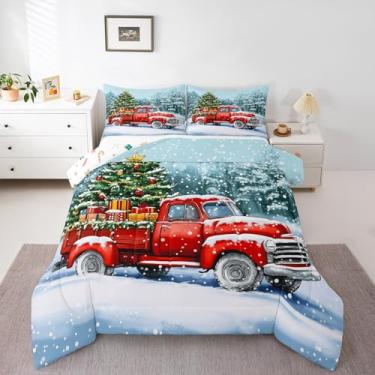 Imagem de Manfei Conjunto de cama Queen Merry Christmas, carro retrô vermelho, vintage, decoração de quarto de crianças, meninos e meninas, conjunto de edredom macio, 3 peças com 2 fronhas