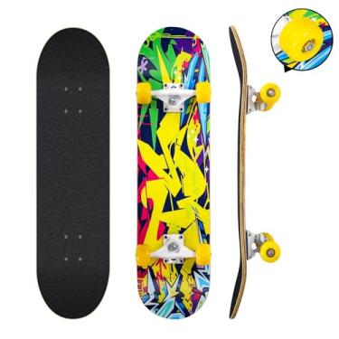 Imagem de Skates para iniciantes, skate completo de 78,7 x 20,32 cm para crianças, adolescentes e adultos, 8 camadas Maple Double Kick Deck Concave Cruiser Trick Skateboard com skate multifuncional (desenho