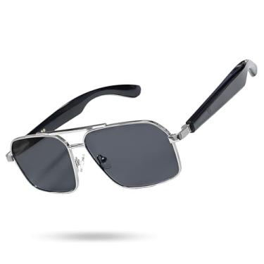 Imagem de Óculos de sol inteligentes para homens/mulheres, Bluetooth 5.4, UV400 com microfone embutido e alto-falantes abertos, leves, controle de voz (armação prata + lente cinza)