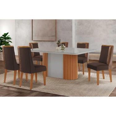 Imagem de Conjunto Sala de Jantar Pilar c/ Tampo Madeirado c/ Vidro Canto Curvo 180x90cm e 6 Cadeiras Tilia Madeira Maciça Naturale/Off White - Capuccino/Suede 