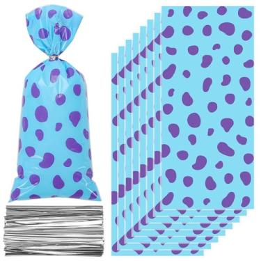 Imagem de Whaline 100 unidades de sacos de celofane de aniversário de monstro de desenho animado com laços torcidos prateados azul roxo saco de doces saco de presente de violoncelo sacos de presente para chá de