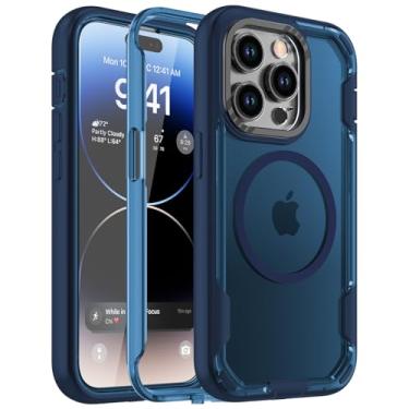 Imagem de Janmitta Capa para iPhone 14 Pro, compatível com MagSafe, 3 em 1, capa à prova de quedas de grau militar, capa traseira fosca antipoeira e arranhões, azul claro