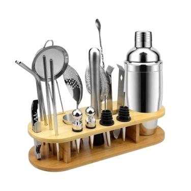 Imagem de ZZTWER Kit de bartender, 18 peças, conjunto de coqueteleira de aço inoxidável, conjunto de misturador de bebidas, conjunto de coqueteleira com bandeja de bambu para conjunto de coqueteleiras de bar de