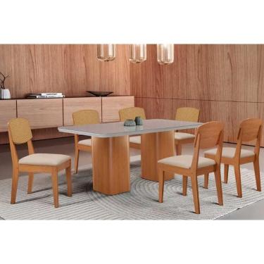 Imagem de Conjunto Sala de Jantar Maldivas c/ Tampo Madeirado c/ Vidro Canto Curvo 180x90cm e 6 Cadeiras Havana Premium Naturale/Off White - Suede Capuccino-Ruf