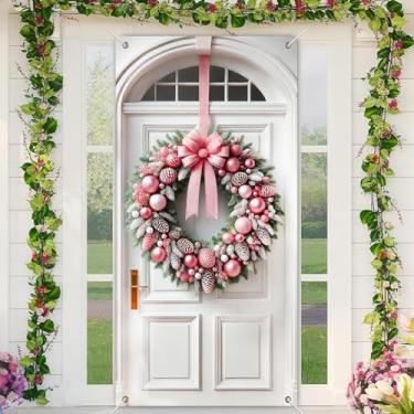 Imagem de BlissYard Capa para porta de Natal, guirlanda de Papai Noel, rosa, 89 x 188 cm, fundo de cabine de fotos festiva para portas da frente, faixa de tecido de poliéster, decoração sazonal para meninas ou