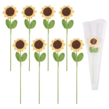 Imagem de FREEBLOSS 8 peças de buquê de girassol de crochê tricotado à mão, buquê de flores artificiais com sacos de embalagem, presentes de crochê para apreciação, mãe, pai, professor