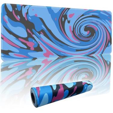 Imagem de Mouse pad de padrão fluido XXG, espesso à prova d'água azul redemoinho grande para jogos com borda costurada, acessórios de mesa de computador, base antiderrapante, tapete de teclado de mouse 81,5 x