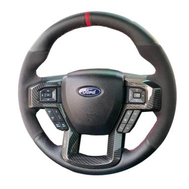 Imagem de Capa de volante preta perfurada de couro e camurça, linha vermelha, faça você mesmo, costura à mão no envoltório adequada para Ford F150 Raptor 2016-2019