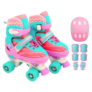 Imagem de Patins Infantil Roller Ajustável 4 Rodas Rodinha Proteção (Verde rosa, S - 29 ao 32)