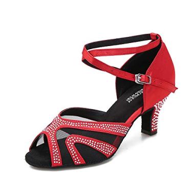 Imagem de Tênis de dança TTdancewear com strass para salão feminino Latin Salsa Bachata Performance Sapatos de dança Sola de camurça, Hot Red-2.5inch Heels, 6.5
