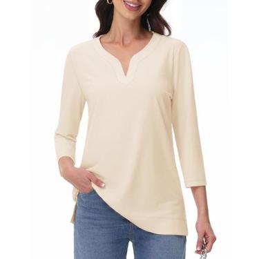 Imagem de Blusa túnica feminina YUCOLEN, manga 3/4, decote em V, damasco claro, 