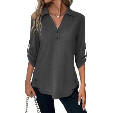 Imagem de Túnica feminina TICTICMISS, manga 3/4, decote em V, cinza escuro