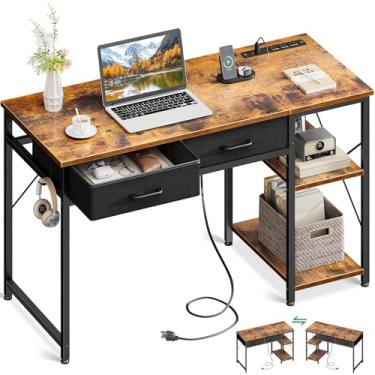 Imagem de Coleshome Mesa de computador pequena com gavetas, mesa de escritório em casa reversível de 101 cm com tomada elétrica, mesa de estudo para laptop com prateleiras de armazenamento para quarto, espaço