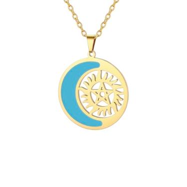 Imagem de UNIFT Colar feminino com lua crescente e sol, pingente de pentagrama sobrenatural de aço inoxidável, presente de aniversário, Adjustable, Aço inoxidável, Sem Pedra Preciosa