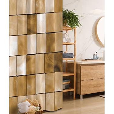 Imagem de Ambesonne Cortina de chuveiro bege, azulejos desbotados, cubos de madeira, quadrados, inspiração geométrica, moderna, simples, urbana, boho, conjunto de decoração de banheiro com ganchos, 91 cm L x