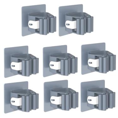 Imagem de 3-H Pacote com 8 suportes autoadesivos de parede – Organizador de vassoura resistente sem broca para garagem, armário, cozinha, rack de armazenamento de plástico para vassouras, esfregões, ferramentas