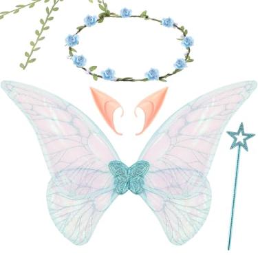 Imagem de Sratte 4 Pcs Fairy Butterfly Wings for Girls Kids Princess Floral Crown Star Wand Ears Halloween Dress up Costume Accessories(Blue)