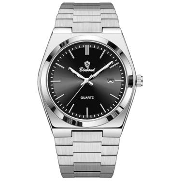 Imagem de MASTOP Relógios masculinos modernos de aço inoxidável, estilo luxuoso, quartzo, à prova d'água, mostrador analógico, relógio de pulso masculino que brilha no escuro com ferramenta, Prateado, preto