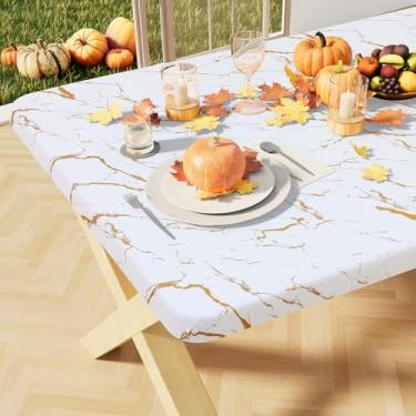 Imagem de misaya Toalha de mesa retangular de flanela de vinil, capa de mesa elástica à prova d'água, toalha de mesa de plástico adequada para mesas dobráveis de 10 metros para piquenique, acampamento e