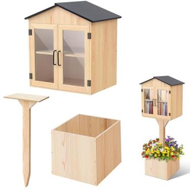 Imagem de Wonderjune Caixa de madeira pequena biblioteca gratuita ao ar livre, tamanho grande, porta dupla camada de armazenamento de duas portas com plugues de chão e pequena cerca de flores para bairros