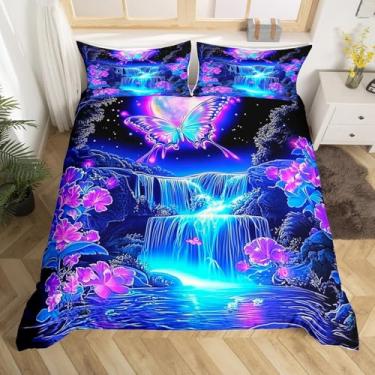 Imagem de jejeloiu Capa de edredom de borboleta tamanho casal galáxia conjunto de cama menina borboleta floral sol lua decoração de quarto respirável microfibra macia todas as estações 3 peças