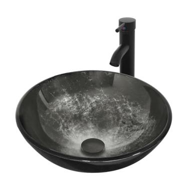 Imagem de Pia de vaso artístico de banheiro, tigela redonda de vidro temperado com torneira de bronze de borracha a óleo e conjunto de ralo pop-up, preta