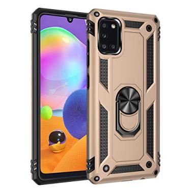 Imagem de SORAKA Capa para Samsung Galaxy A31 com suporte de anel capa protetora para Samsung Galaxy A31 capa traseira de policarbonato rígido com placa de metal para celular magnético suporte de carro dourado