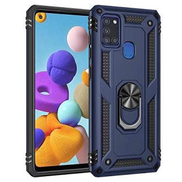 Imagem de SORAKA Capa para Samsung Galaxy A21s com suporte de anel capa protetora para Samsung Galaxy A21s capa traseira de policarbonato rígido com placa de metal para celular magnético suporte de carro azul