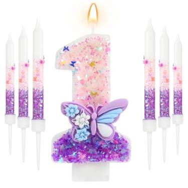 Imagem de AKURIEEY Borboleta 1º aniversário vela roxa número 1 com 6 peças velas longas para meninas, enfeite de bolo, decoração de cupcake, decoração de festa, aniversário, celebrações, suprimentos