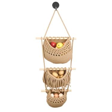 Imagem de Cesta de frutas pendurada em 3 camadas, organizador sobre a porta, cestas de parede de juta feitas à mão para organização, decoração de cesta de parede BOHO, organizador sobre a porta para cozinha