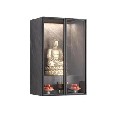 Imagem de Mesa do Altar do Santuário Armário de exposição meditação luxo moderno com porta vidro, armário nicho madeira para Buda montado na parede
