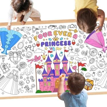 Imagem de TAKEALOOKO Toalha de mesa de colorir gigante para crianças, quatro sempre uma princesa, papel de parede grande para colorir, decorações de festa de aniversário, vestido de castelo, pintura de flor de
