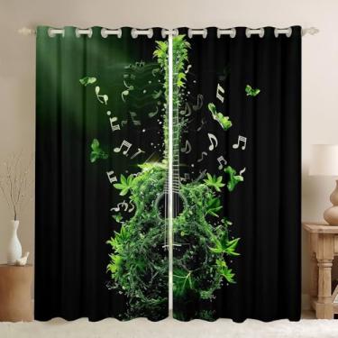 Imagem de Homewish Cortina de janela para guitarra musical, cortinas de folhas de maconha, decoração de quarto e sala de estar, tratamento de janela musical trippy preto moderno 30%-50% cortinas blackout, 2