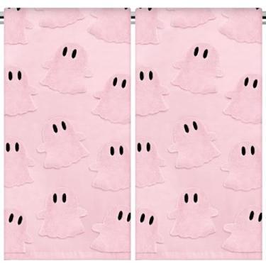Imagem de Whaline 2 peças de toalha de mão de Halloween rosa 3D Ghost Jacquard Toalha de prato absorvente para cozinha banheiro secagem limpeza cozinhar, 35 x 74 centímetros