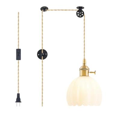 Imagem de Luminárias pendentes de plugue, luminária pendurada em vidro vintage, mini lâmpada suspensa de tulipa branca leite, iluminação pendente para ilha de cozinha, quarto, sala de jantar, sala de estar