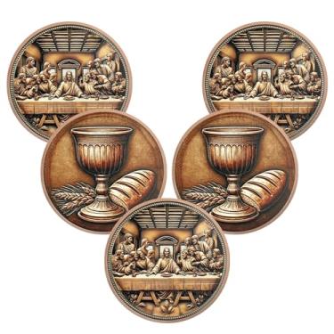 Imagem de 5 peças Moeda do Desafio Cristão da Última Ceia - Token de Cobre Religioso Jesus Eucaristia - Arte Bolso de Deus Versículos da Bíblia Moedas para Estudo - Presentes comemorativos de boa sorte para