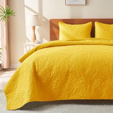 Imagem de JYHOPE Conjunto de edredom amarelo queen/casal, leve para o verão, macio e respirável para todas as estações, resistente a manchas, estilo boêmio, 1 colcha e 2 fronhas