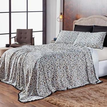 Imagem de Kit Manta Plush Aveludado Onça Preto Queen 03 Peças - Fleece Super Mac