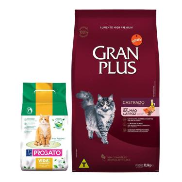 Imagem de Ração Gran Plus Gatos Adultos Castrados Salmão e Arroz 10,1kg + Areia Biodegradável