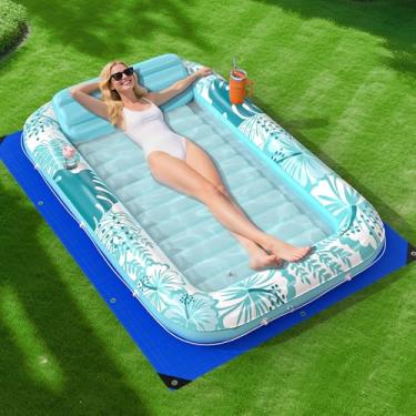 Imagem de Espreguiçadeira inflável para piscina de bronzeamento com tapete de proteção, boia de piscina de 178 cm x 117 cm, adulto com travesseiro, boia de banheira de hidromassagem 6 em 1, para banhos de sol
