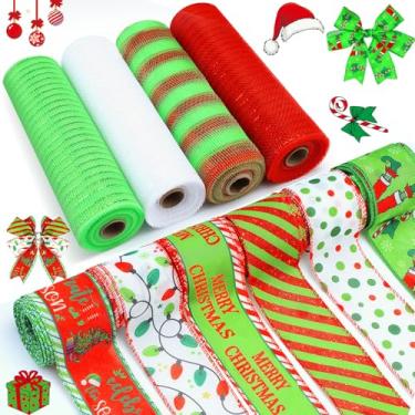 Imagem de Yuefunny 10 fitas de Natal, 4 rolos de fita de malha e 6 rolos de serapilheira vermelha e verde, guirlanda de borda com fio metálica, artesanato para festa de inverno, Natal, decoração de casa