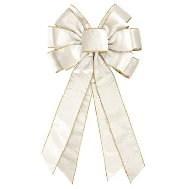 Imagem de Anshome Grande laço de Natal para guirlanda 50,8 x 28 cm vintage branco grinaldas laço dourado enfeite de árvore de veludo branco enfeites decorativos para festa de Natal em casa ao ar livre interior