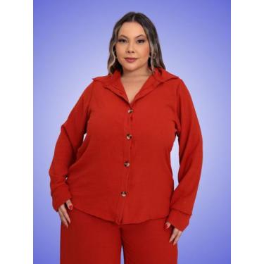 Imagem de Camisa Feminina Plus Size Social Manga Longa Blusa C Botões Elegante -