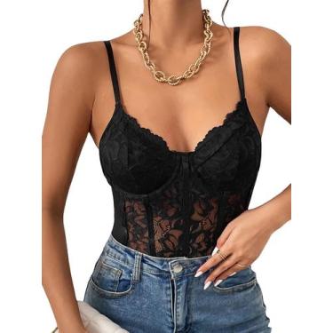 Imagem de Bodysuit Milumia, espartilho feminino de renda floral de malha transpa